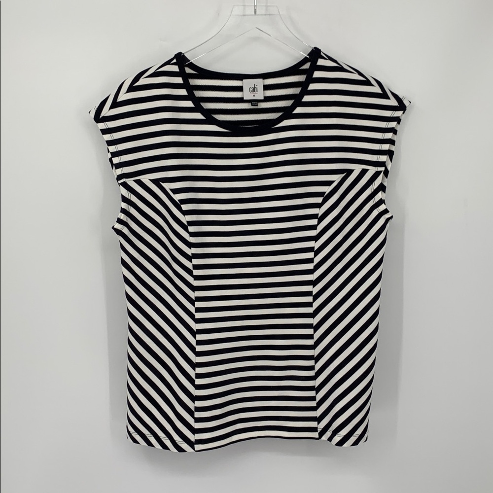 Cabi Illusion tee shirt top blouse knit stretch black white stripe flatter new M